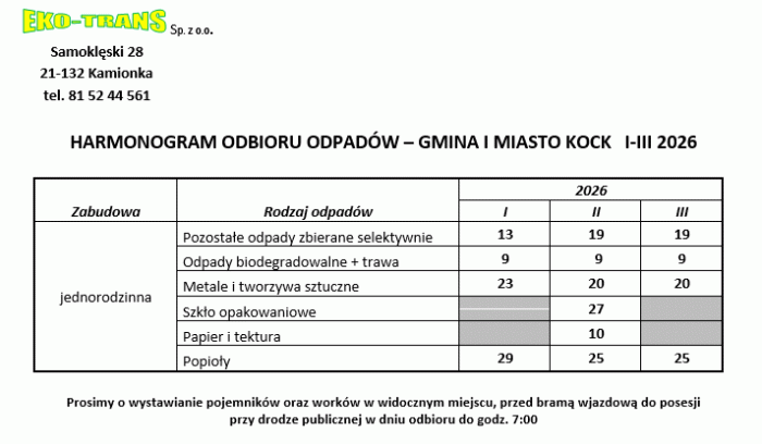 Miniaturka artykułu Harmonogram odbioru odpadów na I kwartał 2026