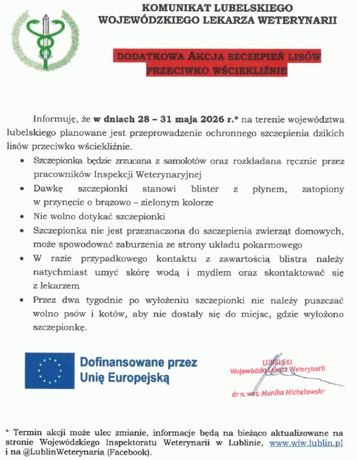 Komunikat – szczepienia lisów przeciwko wściekliźnie
